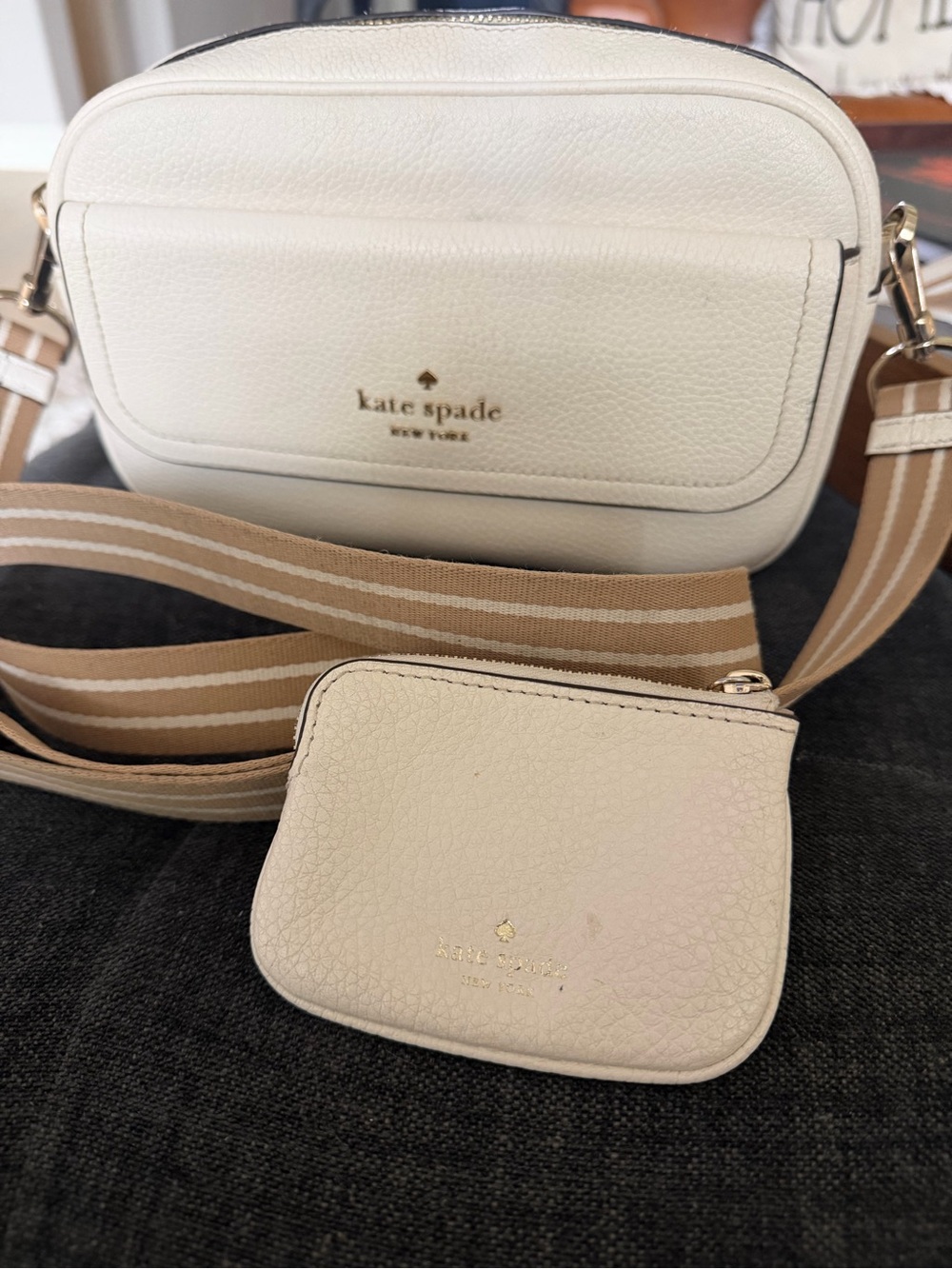 kate spade Cream Leather Crossbody Camera Bag with Striped Strap and Coin Pouch